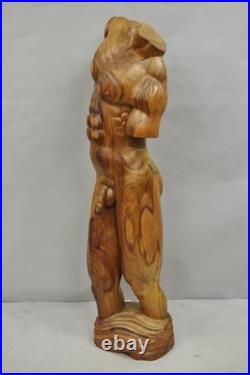 Vintage Mid Century Modern 60 Life-Size Nude Male Carved Wood Statue Sculpture