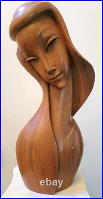 Vintage Mid Century Modern Carved Wood Sculpture Woman Bust Female Art Deco