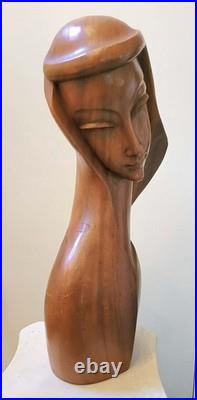 Vintage Mid Century Modern Carved Wood Sculpture Woman Bust Female Art Deco