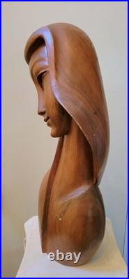 Vintage Mid Century Modern Carved Wood Sculpture Woman Bust Female Art Deco