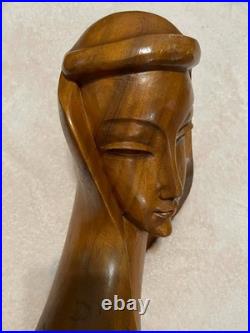 Vintage Mid Century Modern Carved Wood Sculpture Woman Bust Female Art Deco