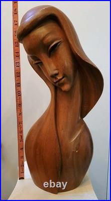 Vintage Mid Century Modern Carved Wood Sculpture Woman Bust Female Art Deco
