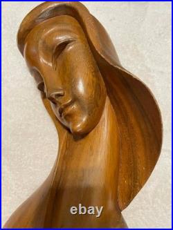 Vintage Mid Century Modern Carved Wood Sculpture Woman Bust Female Art Deco