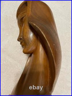 Vintage Mid Century Modern Carved Wood Sculpture Woman Bust Female Art Deco