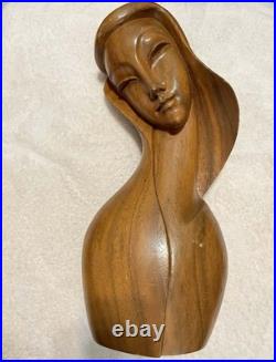 Vintage Mid Century Modern Carved Wood Sculpture Woman Bust Female Art Deco Vintage Mid Century Modern Carved Wood Sculpture Woman Bust Female Art Deco
