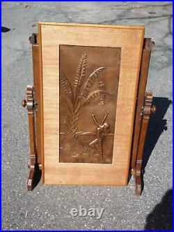 Vintage Mid Century Modern Embossed Copper Wall Art Wood Frame Grass Mat