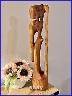 Vintage Mid Century Modern Hand Carved Teak Wood Sculpture Modernism Abstract