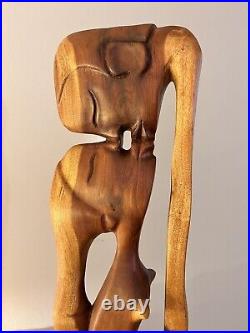 Vintage Mid Century Modern Hand Carved Teak Wood Sculpture Modernism Abstract