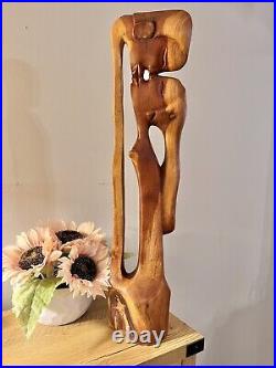 Vintage Mid Century Modern Hand Carved Teak Wood Sculpture Modernism Abstract