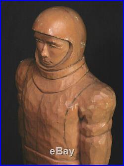 Vintage Mid-Century Modern Sculpture Wood Carving Rocket Man Astronaut 1950s OLD