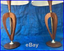 Vintage Mid Century Modern Teak Wood Atomic Sculptured Table Lamp Pair Danish