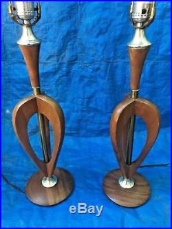 Vintage Mid Century Modern Teak Wood Atomic Sculptured Table Lamp Pair Danish