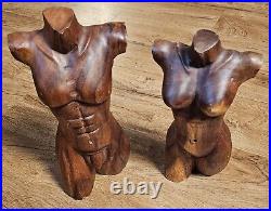 Vintage Mid Century Modern Wood Nude Female Male Torso Sculpture