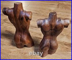Vintage Mid Century Modern Wood Nude Female Male Torso Sculpture