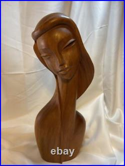 Vintage Mid Century Modern Wood Sculpture Woman Bust Female J. P. Alcantara