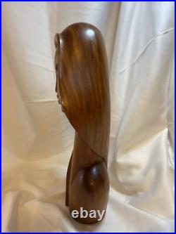 Vintage Mid Century Modern Wood Sculpture Woman Bust Female J. P. Alcantara