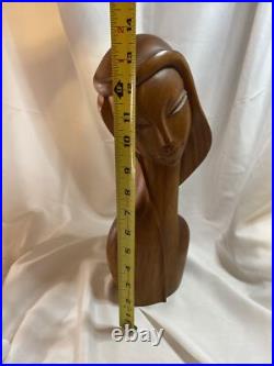 Vintage Mid Century Modern Wood Sculpture Woman Bust Female J. P. Alcantara