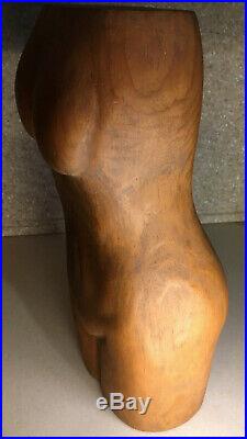 Vintage Mid-Century Nude Female Torso Hand Carved Wood Sculpture 13.5 Tall