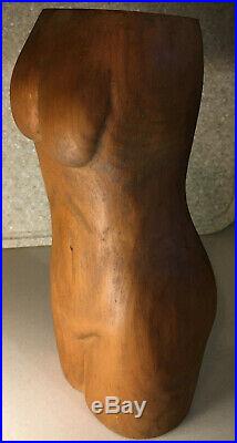 Vintage Mid-Century Nude Female Torso Hand Carved Wood Sculpture 13.5 Tall