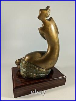 Vintage Mid-century Modern Solid Brass Sculpture in Wood pedestal Signed WYKIM