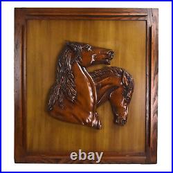 Vintage Midcentury Large Carved Wood Wall Plaque Sculpture Two Horse Heads
