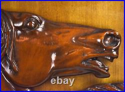 Vintage Midcentury Large Carved Wood Wall Plaque Sculpture Two Horse Heads