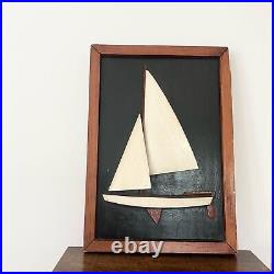 Vintage Midcentury MCM Wooden 3D Wood Sailboat Framed Art Black Ivory 10x15 Read