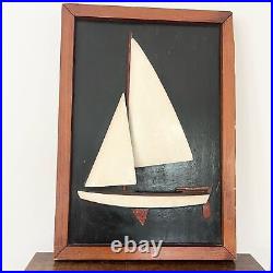 Vintage Midcentury MCM Wooden 3D Wood Sailboat Framed Art Black Ivory 10x15 Read