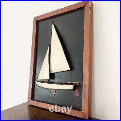 Vintage Midcentury MCM Wooden 3D Wood Sailboat Framed Art Black Ivory 10x15 Read