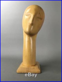 Vintage Modernist Carved Wood Head Stylized Face Sculpture