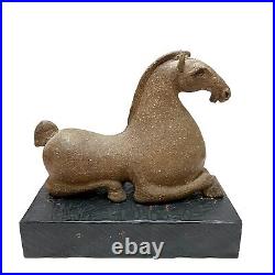 Vintage Modernist Horse On Wood Block Chinese Style Pottery Statue Sculpture