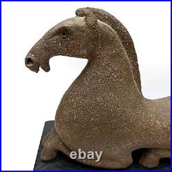 Vintage Modernist Horse On Wood Block Chinese Style Pottery Statue Sculpture