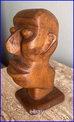 Vintage Modernist Wood Head Sculpture With Stand By Nimo Mocharnuik