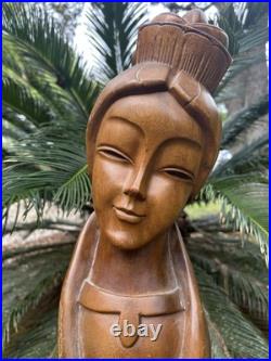 Vintage Monkey Pod Woman Girl Lady Wood Sculpture Hand Carved Bust 18 Statue