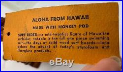 Vintage Monkey Pod Wood Carving SURFRIDER made in Hawaii by Lava Ray with1966 Tag