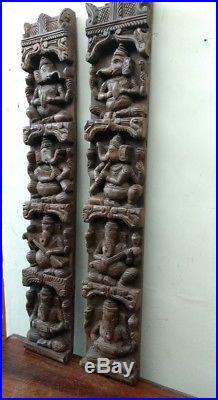 Vintage Musical Ganesh Set Wooden Wall Vertical Panel Hindu God Sculpture panel