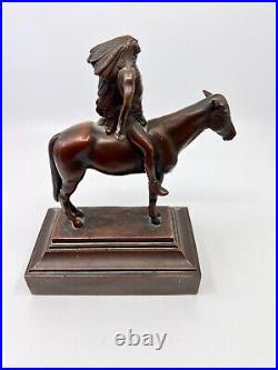 Vintage Native American Warrior Horse Bronze Sculpture Wood Base Figurine Art