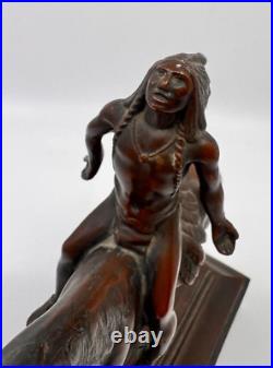 Vintage Native American Warrior Horse Bronze Sculpture Wood Base Figurine Art