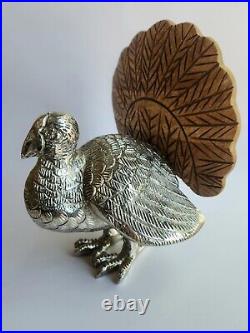 Vintage Nickel-cast Turkey Sculpture With Ambrosia Wood Tail Feathers 8.25x6.75