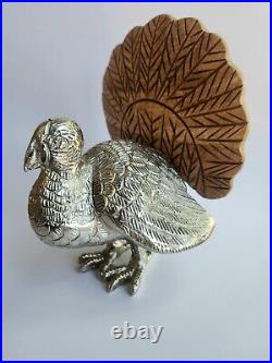 Vintage Nickel-cast Turkey Sculpture With Ambrosia Wood Tail Feathers 8.25x6.75