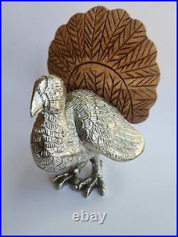 Vintage Nickel-cast Turkey Sculpture With Ambrosia Wood Tail Feathers 8.25x6.75