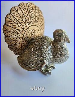 Vintage Nickel-cast Turkey Sculpture With Ambrosia Wood Tail Feathers 8.25x6.75