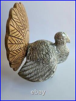 Vintage Nickel-cast Turkey Sculpture With Ambrosia Wood Tail Feathers 8.25x6.75