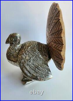 Vintage Nickel-cast Turkey Sculpture With Ambrosia Wood Tail Feathers 8.25x6.75