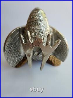 Vintage Nickel-cast Turkey Sculpture With Ambrosia Wood Tail Feathers 8.25x6.75