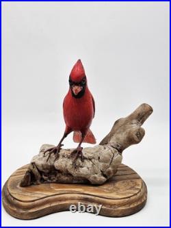 Vintage Northern Cardinal Wood Art Sculpture Drift Wood Stand Signed Handpainted