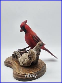 Vintage Northern Cardinal Wood Art Sculpture Drift Wood Stand Signed Handpainted