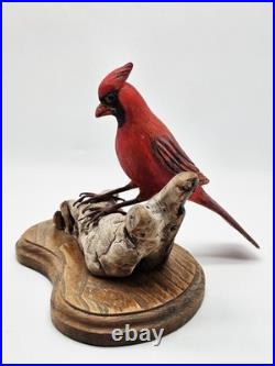 Vintage Northern Cardinal Wood Art Sculpture Drift Wood Stand Signed Handpainted
