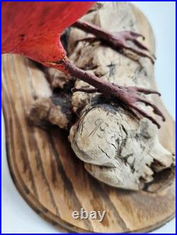 Vintage Northern Cardinal Wood Art Sculpture Drift Wood Stand Signed Handpainted