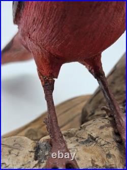Vintage Northern Cardinal Wood Art Sculpture Drift Wood Stand Signed Handpainted